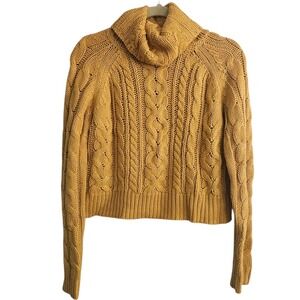 Mustard Pullover Cable Knit Sweater Chunky Crop Fisherman Classic Preppy S/M‎ ~